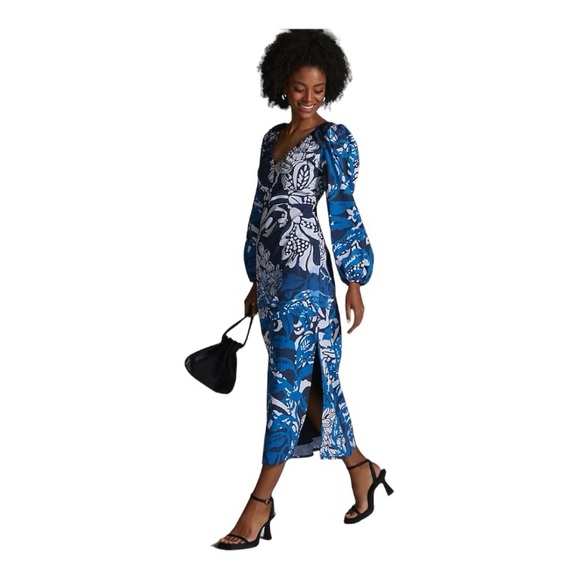 HP Anthropologie Roopa Pemmaraju Puff Sleeve Cotton Floral Maxi in Blue Motif - Picture 3 of 10